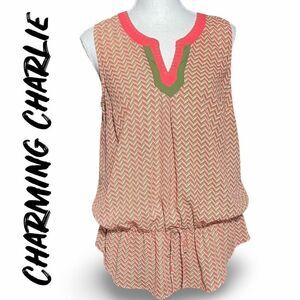 CHARMING CHARLIE Tunic Style top, Orange & Olive Green Cervantes Print, Size M
